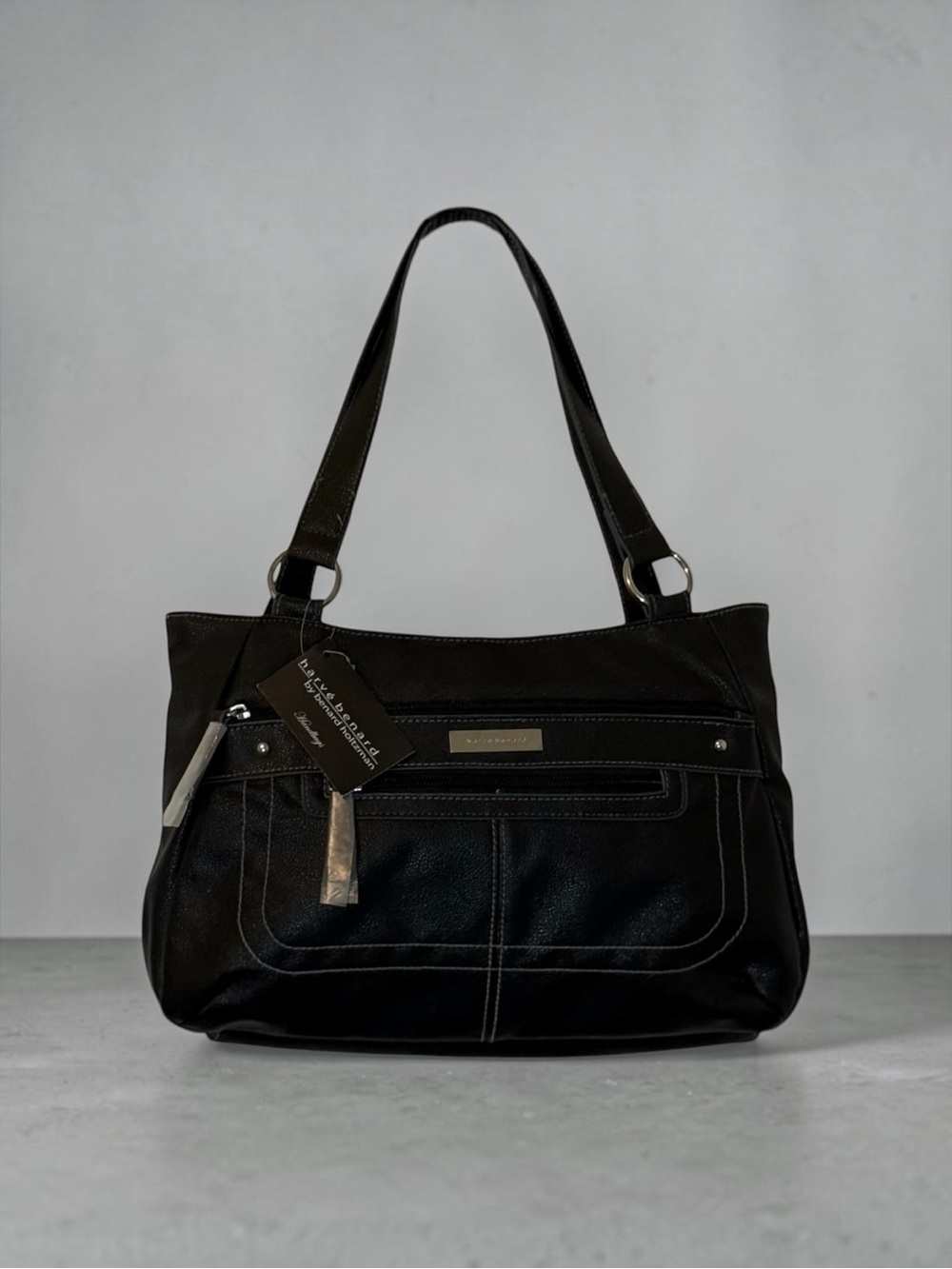 NWT Harve Benard Black Faux Leather Shoulder Bag Purse Vintage Hobo Tote